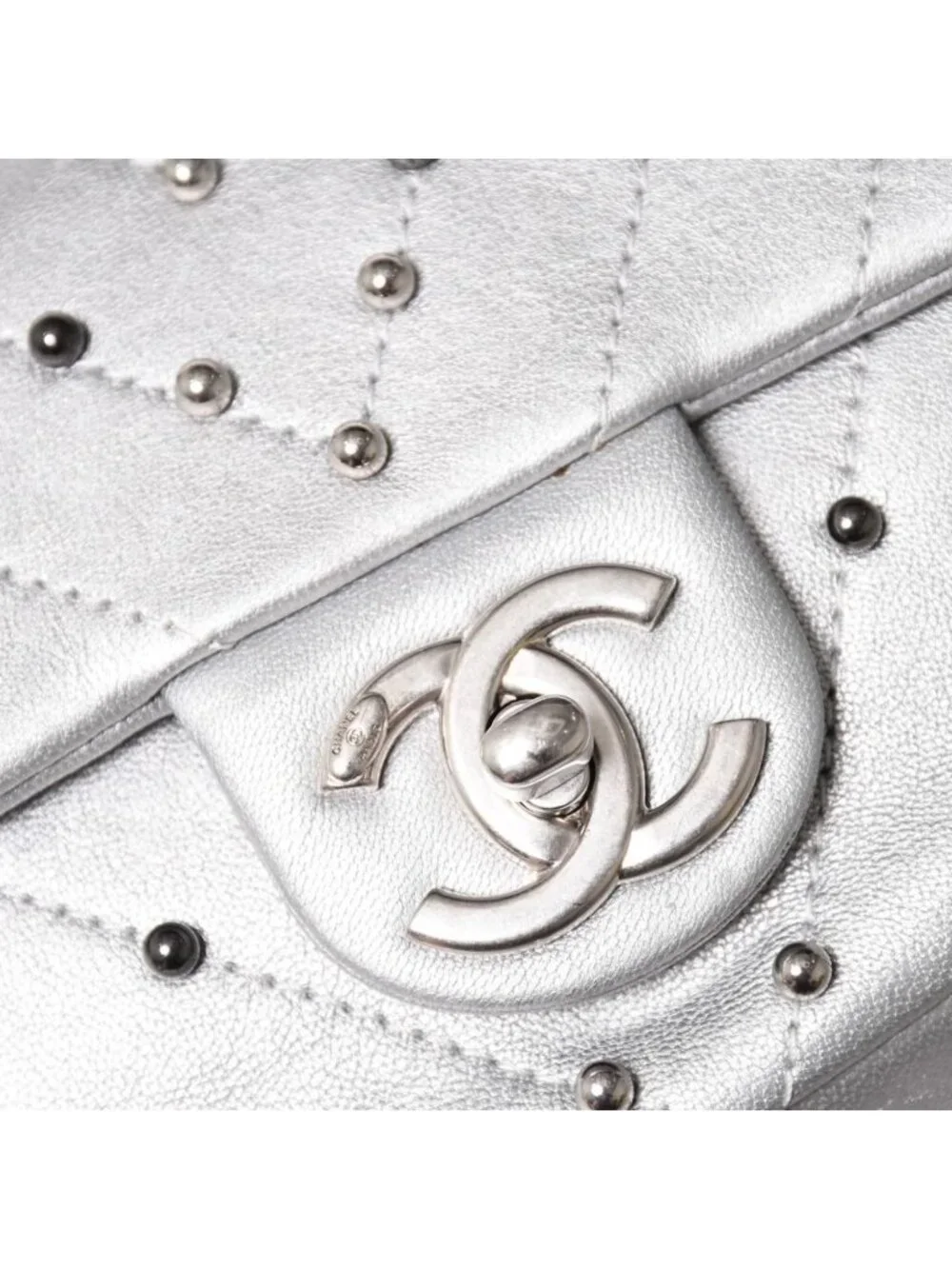 Chanel Chevron Stud Wars Chain Shoulder Bag CC Logo Calfskin Silver